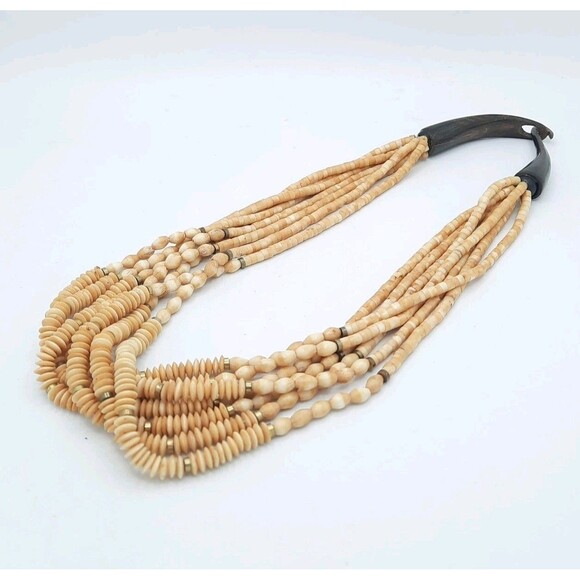 Vintage Multi-Strand Shell and Bone 23" Necklace With Polished Horn Hook Closure - Picture 2 of 5